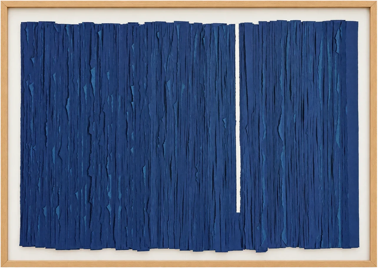 Framed relief of torn ultramarine paper strips