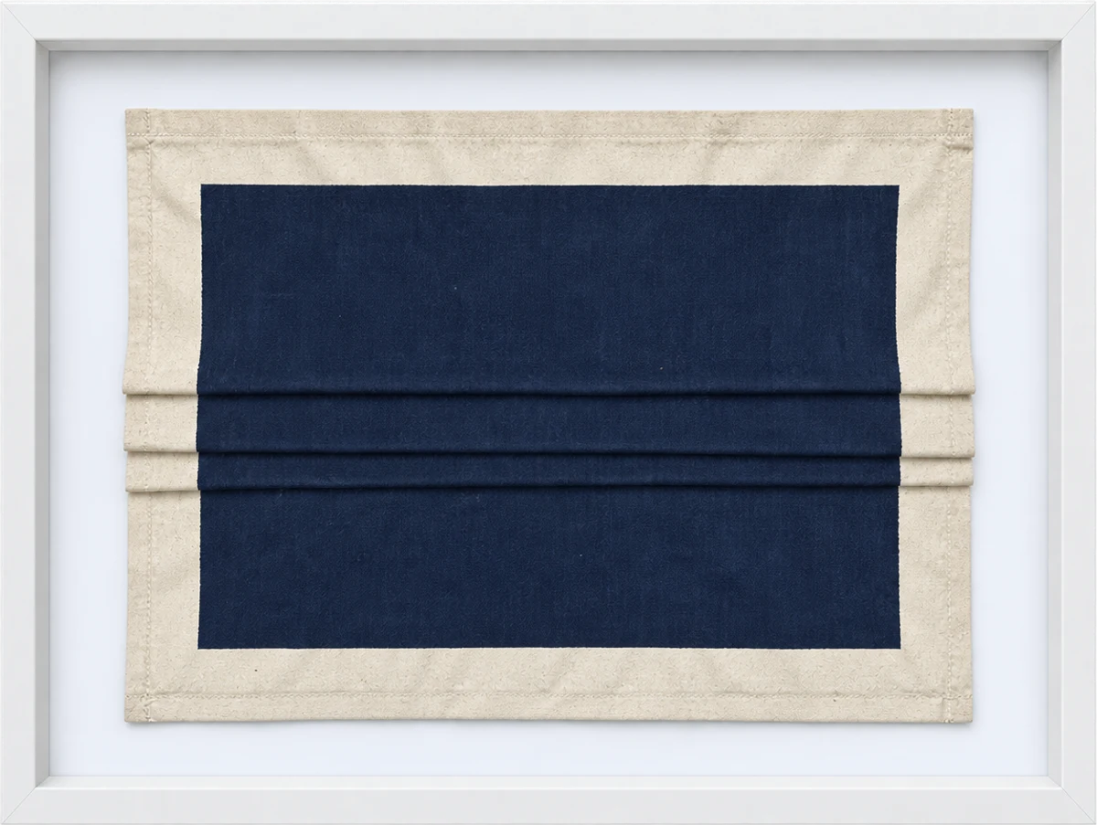 Framed folded linen with an indigo field